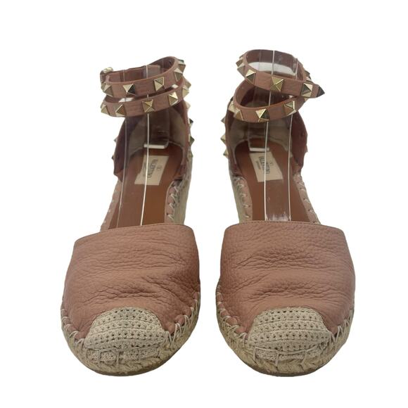 Valentino Garavani Rockstud Double Leather Wedge Espadrille Pink Size 39 - Picture 4 of 12